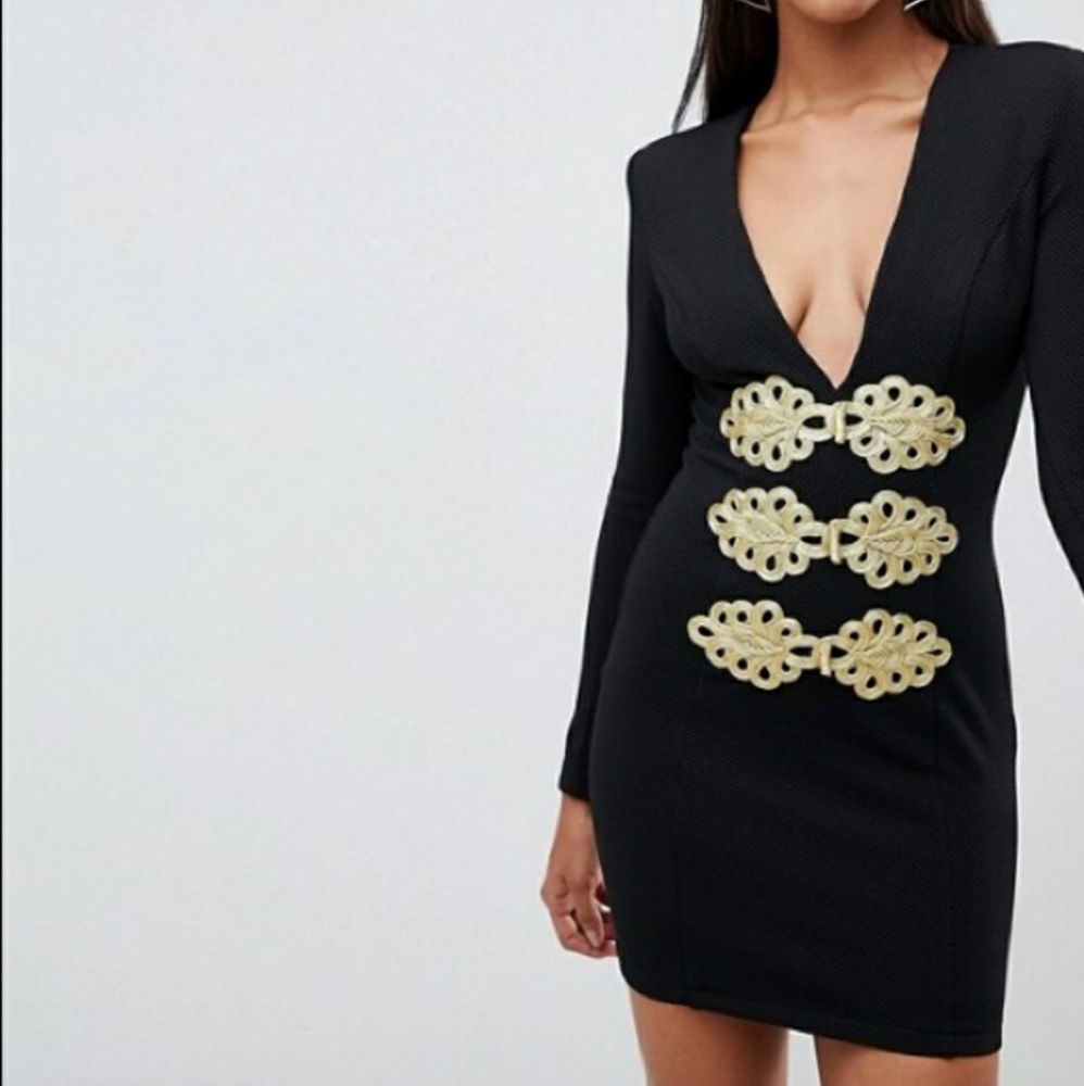 Rare London Navy Deep V Military style L/S dress